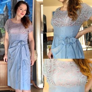 AUTHENTIC Vintage 1960s Wiggle Blue Lace Pin Up Bow Dress